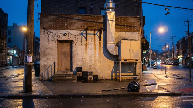 Brooklyn restaurant rear yard at dusk with kitchen exhaust ducting and a walk-in condenser