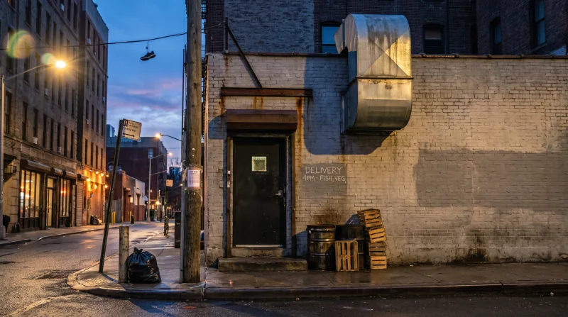 Manhattan restaurant back-of-house service door at dusk with exhaust housing above