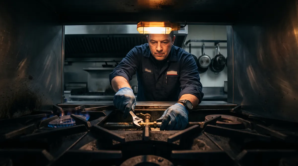 Technician repairing a commercial oven and range on a busy NYC restaurant cook line
