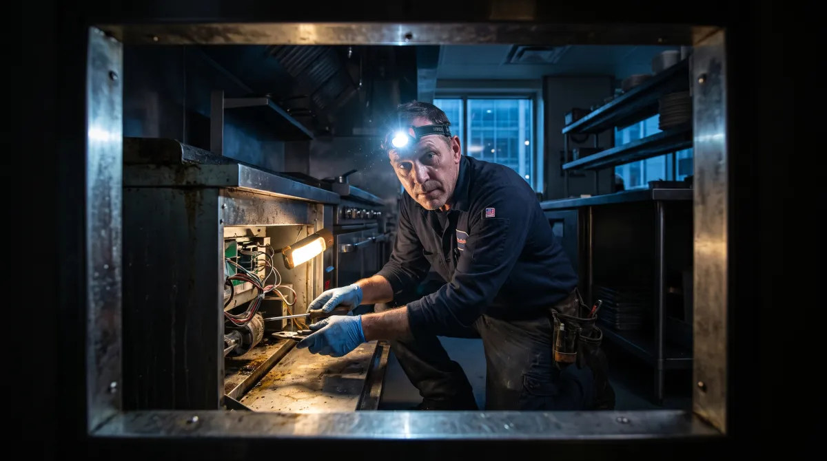 Commercial kitchen repair technician responding to a nighttime equipment breakdown in NYC