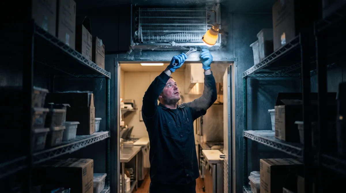 Technician servicing a commercial walk-in cooler in a NYC restaurant kitchen