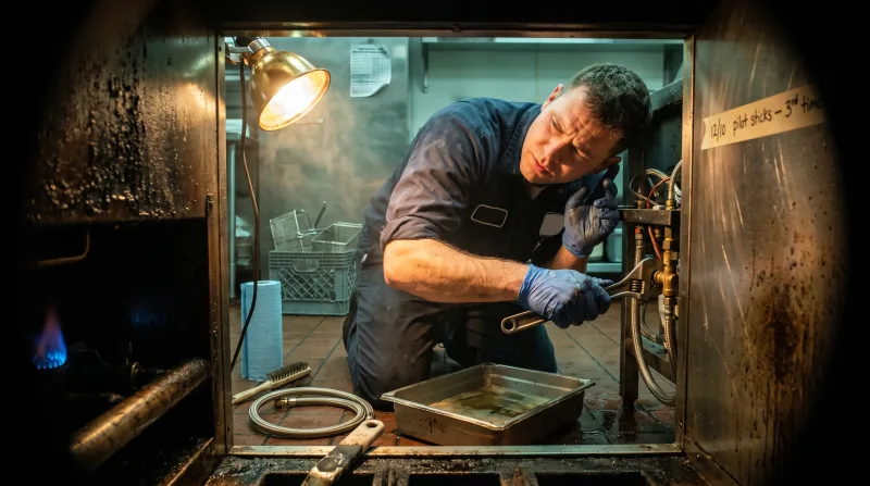 Technician listening at the gas manifold inside a commercial deep fryer cabinet