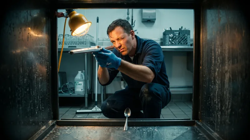 Technician sighting down a removed wash arm from a commercial dishwasher