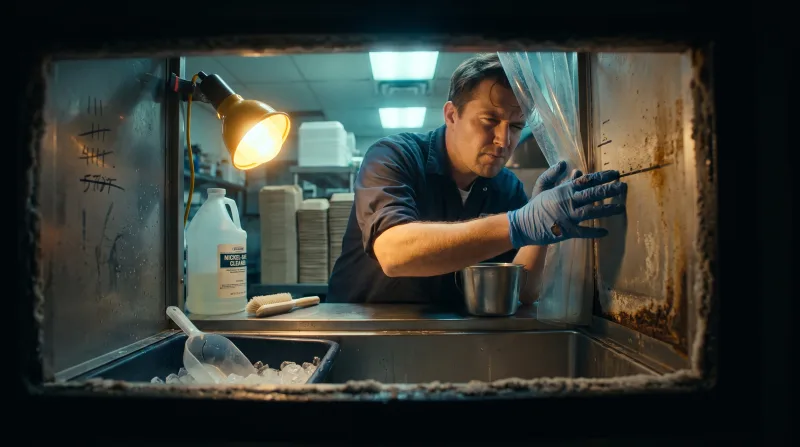 Technician checking scale on the evaporator plate of a commercial ice machine