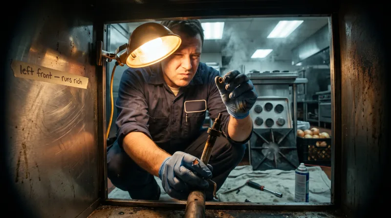 Technician inspecting a fouled pilot assembly inside a commercial gas range