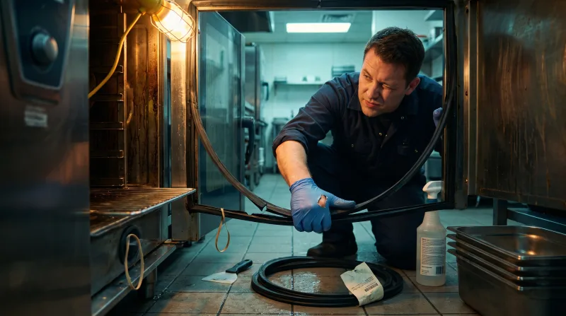 Technician peeling back a perished door gasket on a combi oven