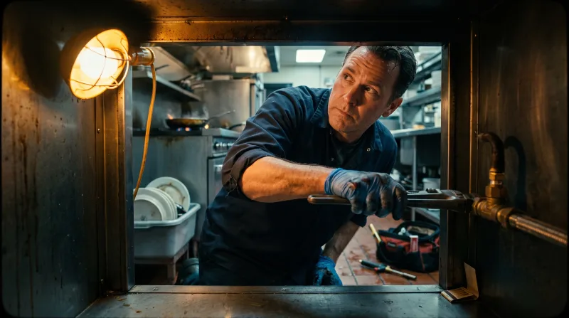 Technician working on a gas train during service in a running kitchen