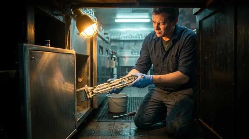 Technician withdrawing a scaled heating element from an under-bar booster heater