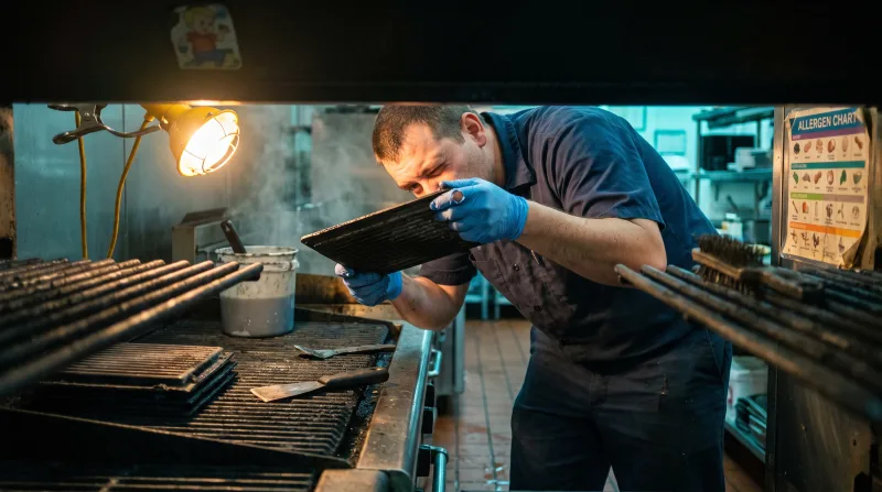Technician checking a warped radiant lifted from a commercial char-broiler