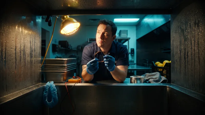 Technician tracing a thermostat capillary inside a refrigerated prep table