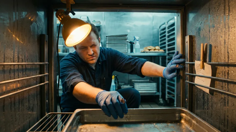 Technician checking the humidity tray inside a holding cabinet