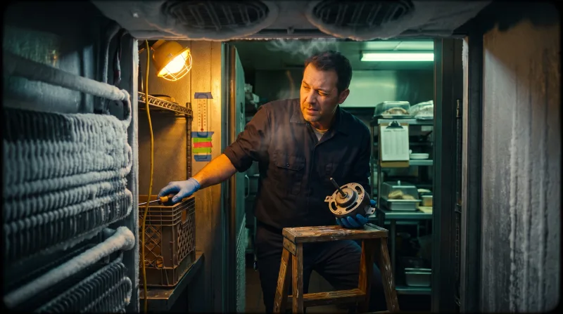 Technician removing an evaporator fan motor inside a walk-in cooler